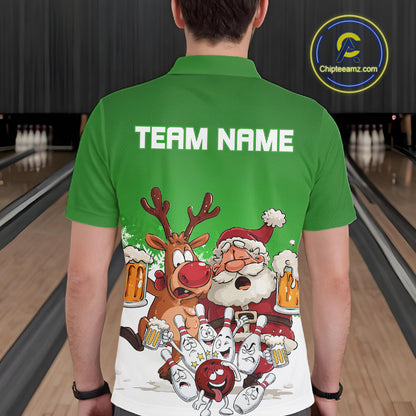 Custom Green Funny Christmas Men Bowling Shirts, Bowling And Beer Xmas Party Shirt IPHW10207