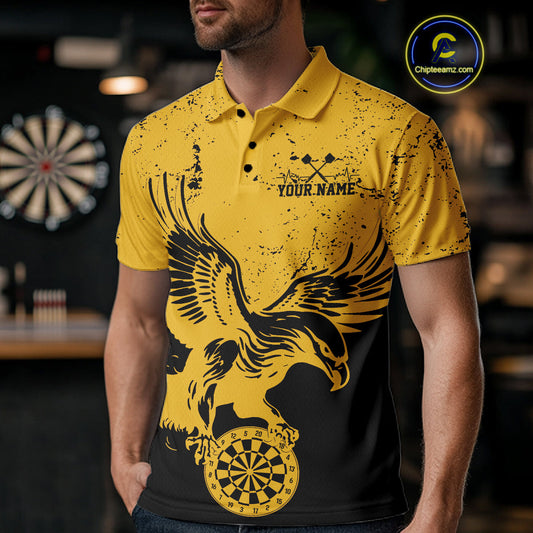 Custom Grunge Yellow Eagle Dart Team Men Polo Shirts, Vintage Dart Uniform Players Outfit IPHW9968