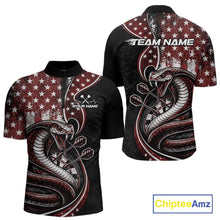 Load image into Gallery viewer, Customizable red and black stars and stripes patriotic cobra snake men's dart quarter-zip shirt featuring a "TEAM NAME" text on the back.