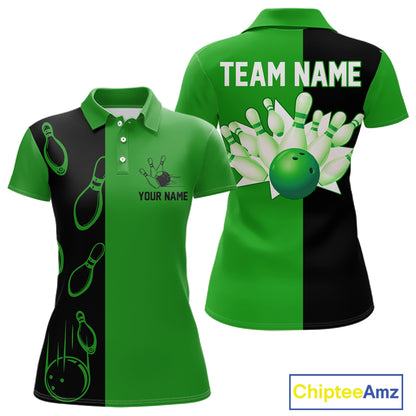 Green and Black retro vintage Bowling polo, quarter zip shirts for Women custom Bowling team jerseys NQS11564