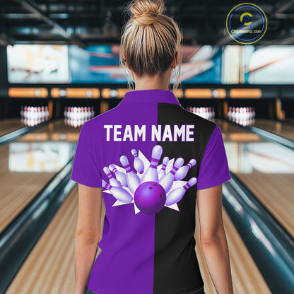 Purple and Black retro vintage Bowling polo, quarter zip shirts for Women custom Bowling team jerseys NQS11566