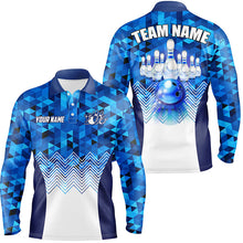 Load image into Gallery viewer, Blue Geometric pattern bowling ball and pins custom Men Bowling Polo Shirts, team bowling jersey NQS7452