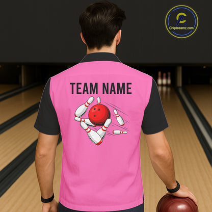 Personalized Pink Black Retro Bowling hawaiian shirts Custom vintage Team button up shirts NQS6568