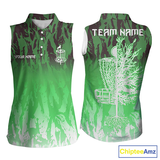 Disc golf basket green camo Womens sleeveless polo shirt custom name disc golf team shirts for women NQS6127
