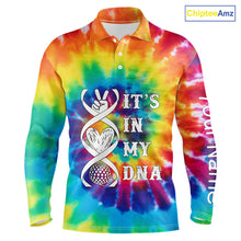 Load image into Gallery viewer, Mens golf polo shirts colorful tie dye pattern custom It's in my DNA peace love golf top for mens NQS10391