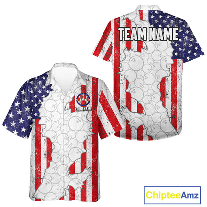 Personalized Red, White and Blue American Flag Bowling Team Hawaiian Shirt, Patriotic Bowling Gifts NQS11197