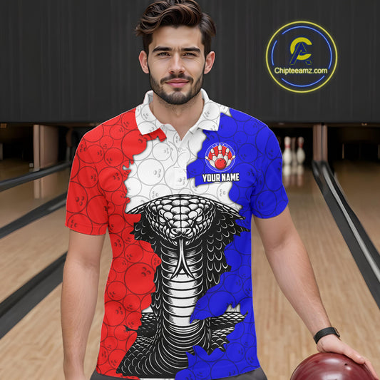 Personalized Red, White and Blue Cobra Snake Bowling Team Shirts For Men, Patriotic Bowling Jerseys NQS11198