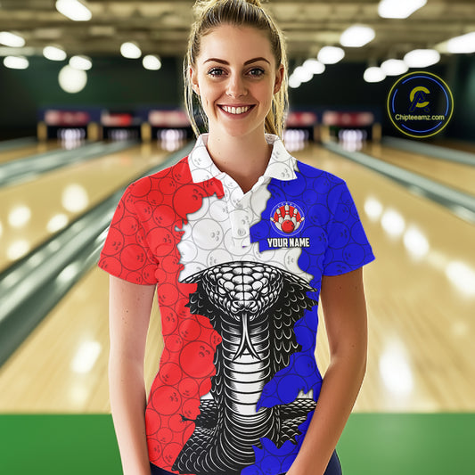 Personalized Red, White and Blue Cobra Snake Bowling Team Shirts For Women, Patriotic Bowling Jerseys NQS11198