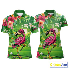 Load image into Gallery viewer, Personalized Green tropical flower flamingo matching men and womens golf shirts, team golf clothes NQS11399
