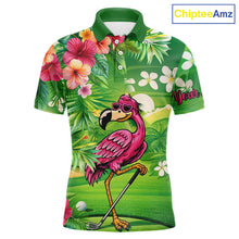Load image into Gallery viewer, Personalized Green tropical flower flamingo matching men and womens golf shirts, team golf clothes NQS11399