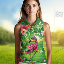 Load image into Gallery viewer, Personalized Green tropical flower flamingo ladies sleeveless golf tops custom team golf shirts NQS11399