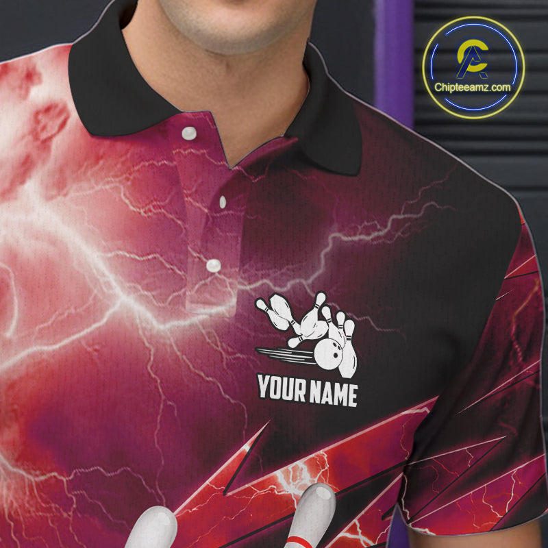 Red Storm Lightning Thunder Bowling Polo, Quarter Zip Shirt For Men Custom Bowling Team Jersey NQS11718