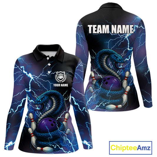 Personalized Blue Thunder Lightning Cobra Snake Bowling Shirts For Women, Bowling Team Uniform NQS9852