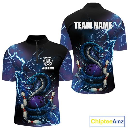 Personalized Black And Blue Thunder Lightning Cobra Snake Bowling Shirts For Men, Bowling Team Uniform NQS9852