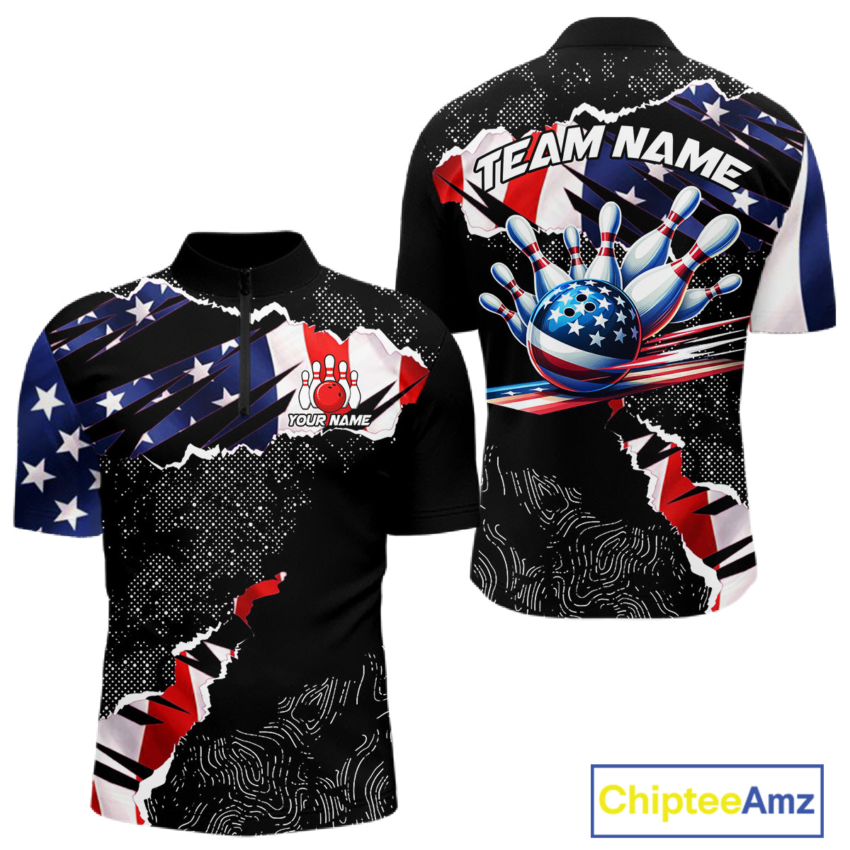 Custom bowling polo shirts, 1/4 zip shirts for men, US Flag patriotic team bowling league shirts NQS11409