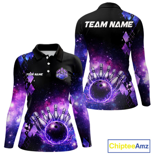 Purple Flame galaxy argyle Custom bowling polo shirts, 1/4 zip for women, team bowling league jerseys NQS11410
