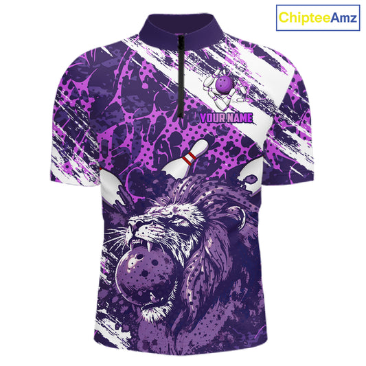 Purple Camo Lion Bowling Polo, 1/4 Zip Shirts for Men Custom Lion Team Bowling Jerseys, Bowler Outfit NQS11604