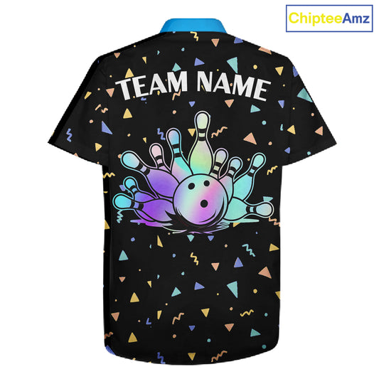 Hologram colors geometric pattern Black Bowling Button-up Shirts Custom Team Bowling League Jersey NQS11607
