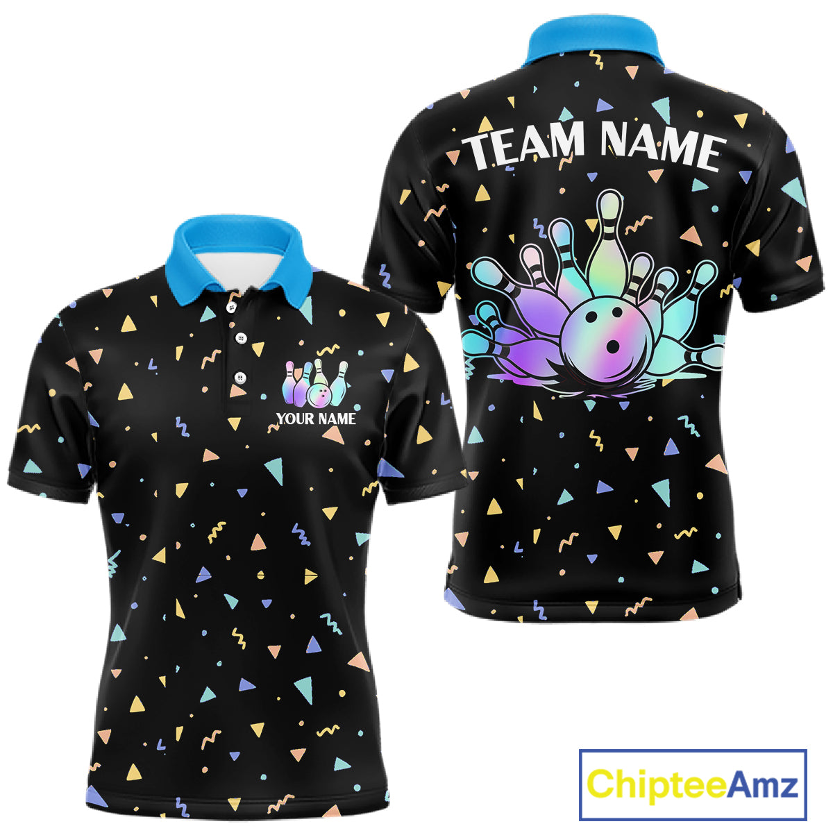Hologram colors geometric pattern Black Bowling Shirts for Men Custom Team Bowling League Jersey NQS11607