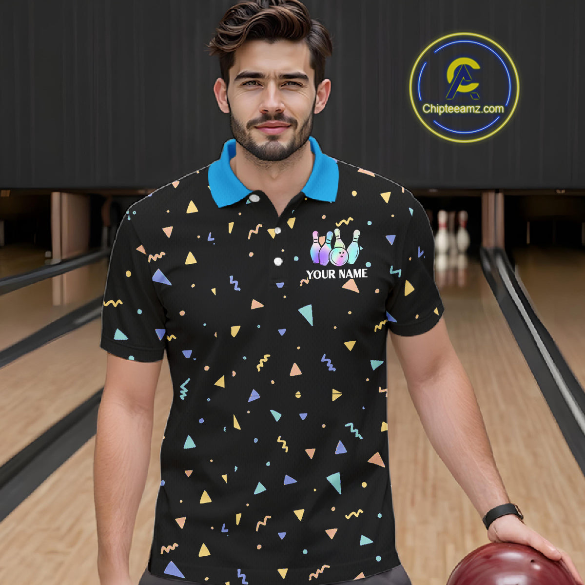 Hologram colors geometric pattern Black Bowling Shirts for Men Custom Team Bowling League Jersey NQS11607