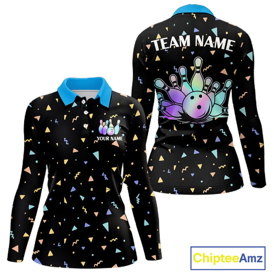 Hologram colors geometric pattern Black Bowling Shirts for Women Custom Team Bowling League Jersey NQS11607