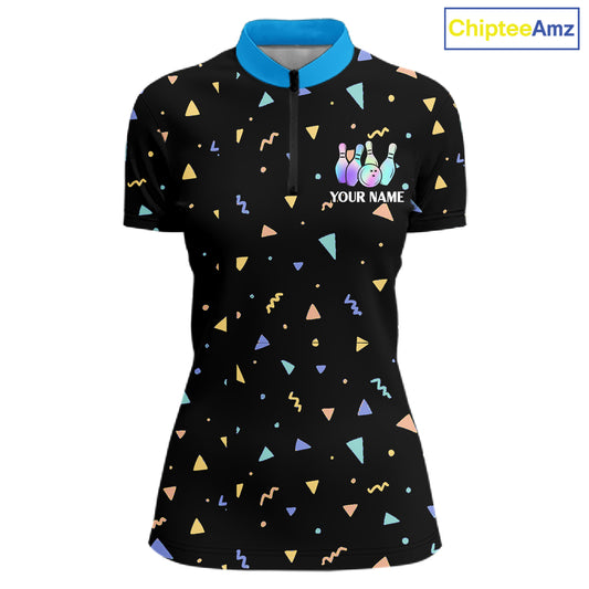 Hologram colors geometric pattern Black Bowling Shirts for Women Custom Team Bowling League Jersey NQS11607