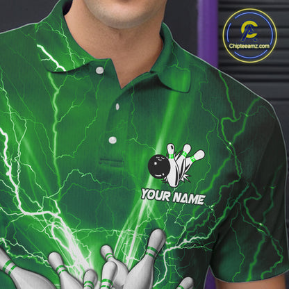 Men's Bowling Shirts Custom Green Lightning Thunder Bowling Team Jersey, gift for team Bowlers NQS10602
