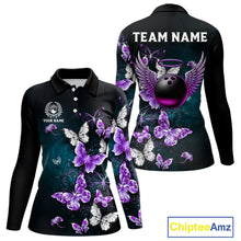 Load image into Gallery viewer, Custom Purple Butterfly Bowling Polo, 1/4 zip jerseys For Women, Bowling Team Shirt With Butterflies NQS11613