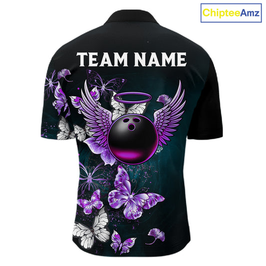 Custom Purple Butterfly Bowling Polo, 1/4 zip jerseys For Men, Bowling Team Shirt With Butterflies NQS11613