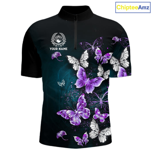 Custom Purple Butterfly Bowling Polo, 1/4 zip jerseys For Men, Bowling Team Shirt With Butterflies NQS11613