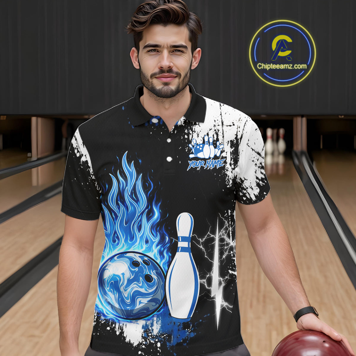 Custom Blue Flame Lightning Thunder Bowling shirts for Men, black and white bowling team jerseys NQS11617