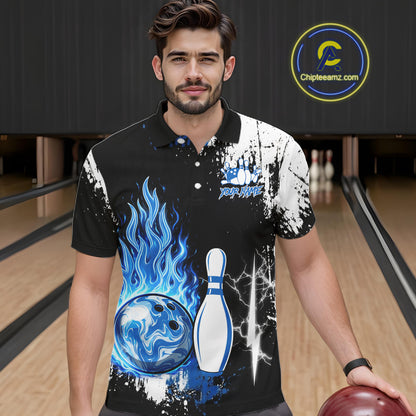 Custom Blue Flame Lightning Thunder Bowling shirts for Men, black and white bowling team jerseys NQS11617