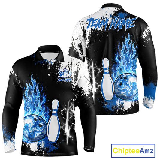 Custom Blue Flame Lightning Thunder Bowling shirts for Men, black and white bowling team jerseys NQS11617