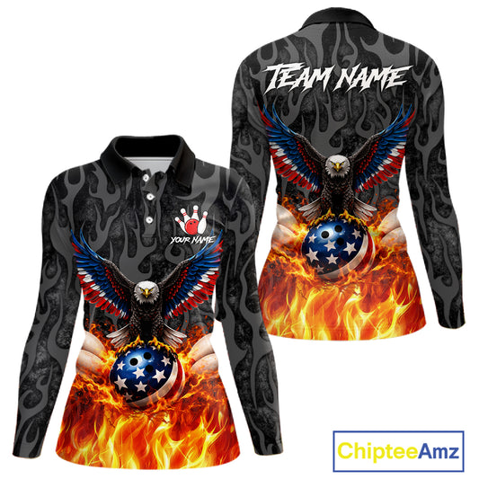 Black & Orange Flame American Flag Eagle Bowling Shirt For Women Custom Patriotic Bowling Team Jersey NQS11722