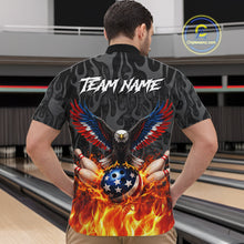 Load image into Gallery viewer, Black and Orange Flame American Flag Eagle Bowling Shirt For Men Custom Patriotic Bowling Team Jersey NQS11722