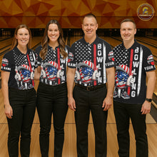 Load image into Gallery viewer, Black American Flag Funny Bowling Polo, 1/4 Zip Shirt For Women Custom Patriotic Bowling Team Jersey NQS11723