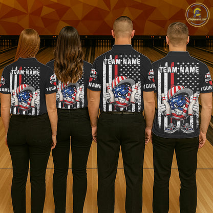Black American Flag Funny Bowling Polo, 1/4 Zip Shirt For Women Custom Patriotic Bowling Team Jersey NQS11723