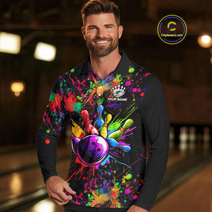 Colorful watercolor Bowling Polo, 1/4 Zip Shirt for mens Custom Bowling Team jersey for bowlers NQS10242