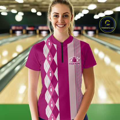Retro Pink argyle pattern Bowling shirts For Women custom bowling team jerseys Bowler Outfits NQS10403