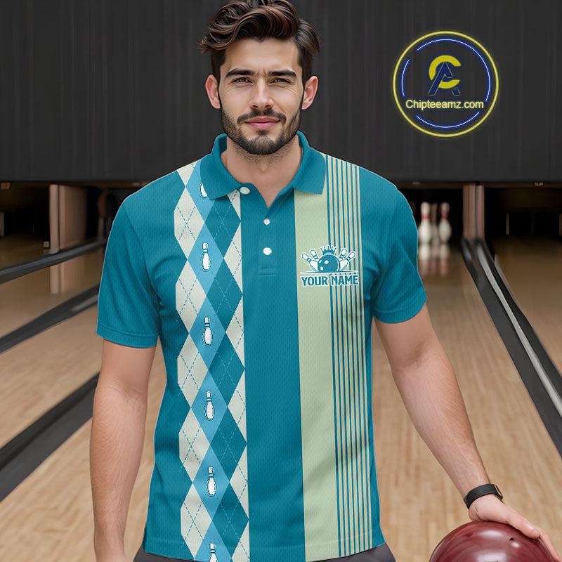 Retro Cyan Blue argyle pattern Bowling shirts For Men custom bowling team jerseys Bowler Outfits NQS10404