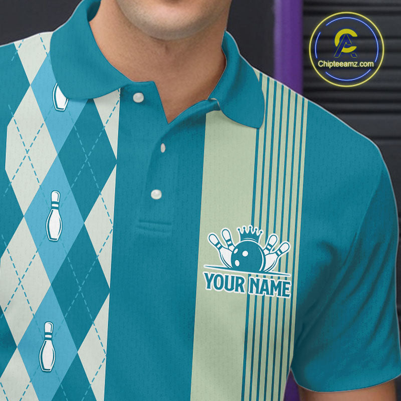 Retro Cyan Blue argyle pattern Bowling shirts For Men custom bowling team jerseys Bowler Outfits NQS10404