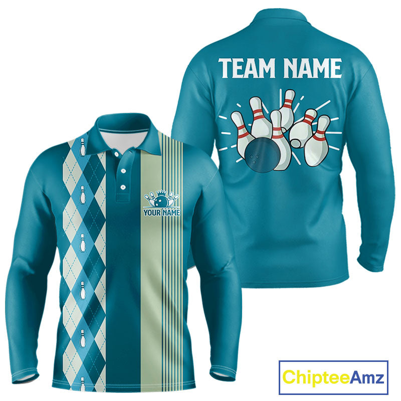 Retro Cyan Blue argyle pattern Bowling shirts For Men custom bowling team jerseys Bowler Outfits NQS10404