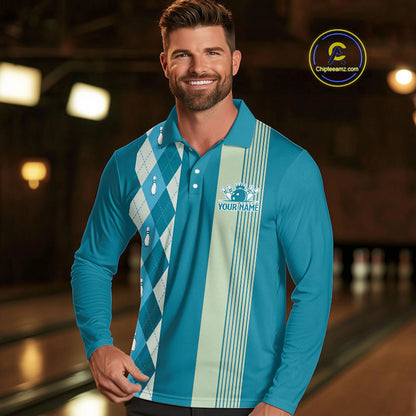 Retro Cyan Blue argyle pattern Bowling shirts For Men custom bowling team jerseys Bowler Outfits NQS10404