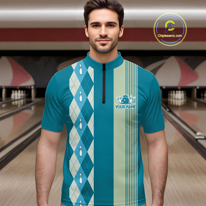 Retro Cyan Blue argyle pattern Bowling shirts For Men custom bowling team jerseys Bowler Outfits NQS10404