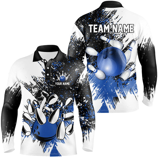 Black and White Men Bowling Polo, Quarter Zip Shirt Custom bowling jerseys, mens bowling outfit | Blue NQS8430