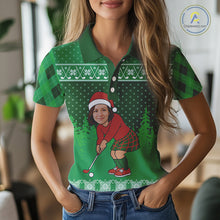 Load image into Gallery viewer, Personalized Funny Face Christmas Golf Green argyle Santa Golfer Ugly matching golf polos for couples NQS11021