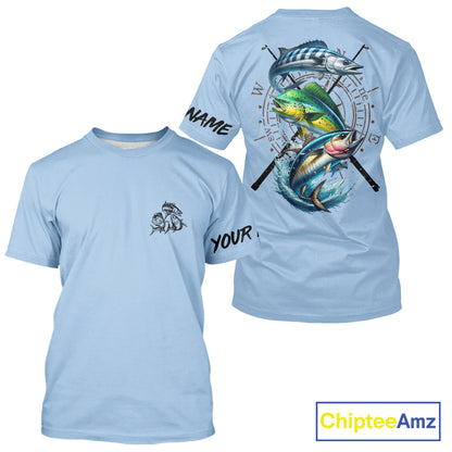 Personalized offshore Fishing jerseys, Mahi mahi, Wahoo, Tuna tournament fishing shirts | Light Blue NQS11218