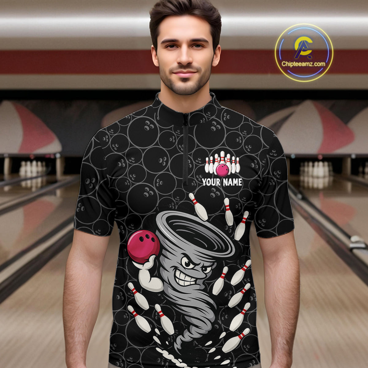 Funny storm tornado Black Camo Bowling Polo, 1/4 Zip Shirts For men Custom Bowling Team Jerseys NQS11224