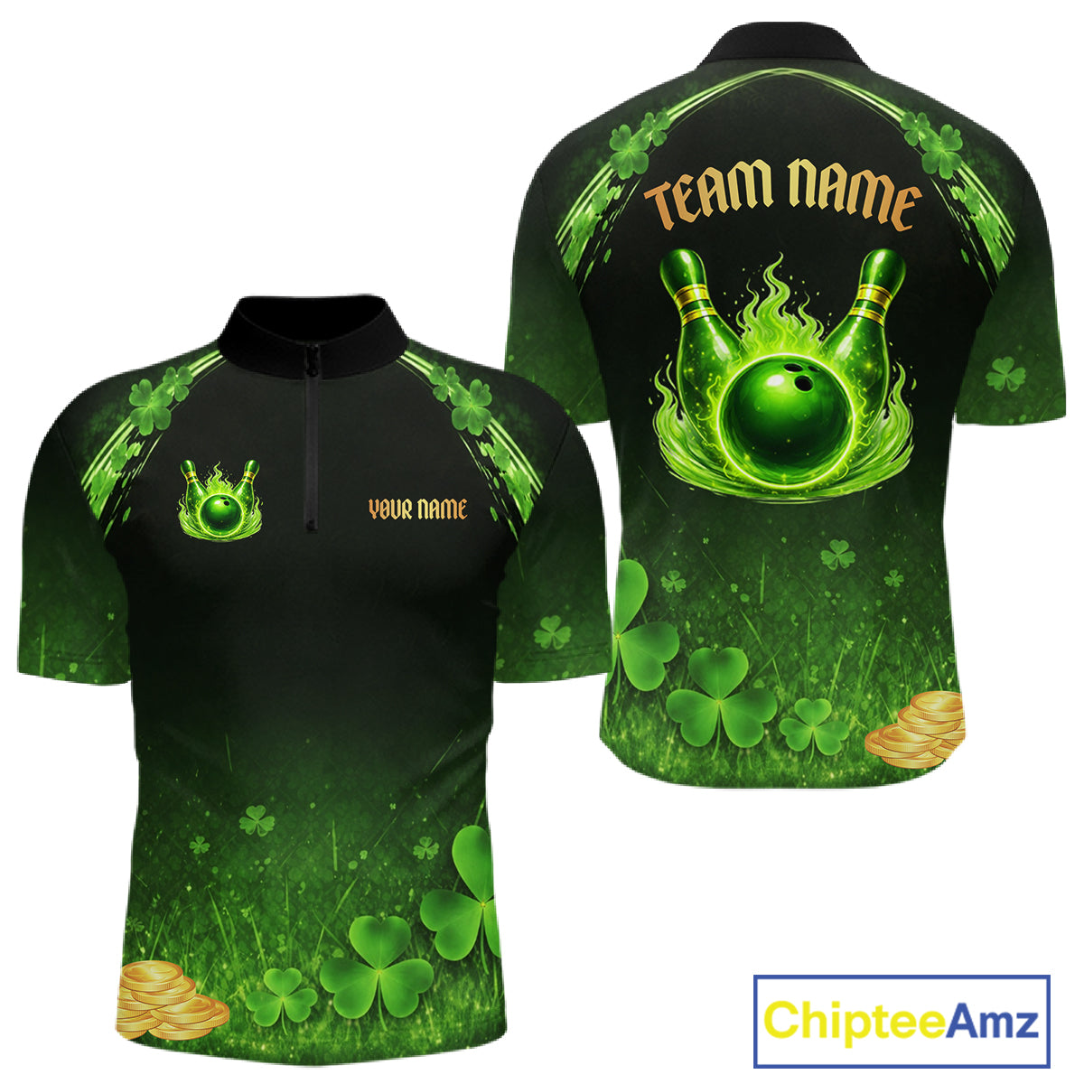 Green flame shamrock St Patrick's Day bowling shirts for men custom team bowling league jerseys NQS11412
