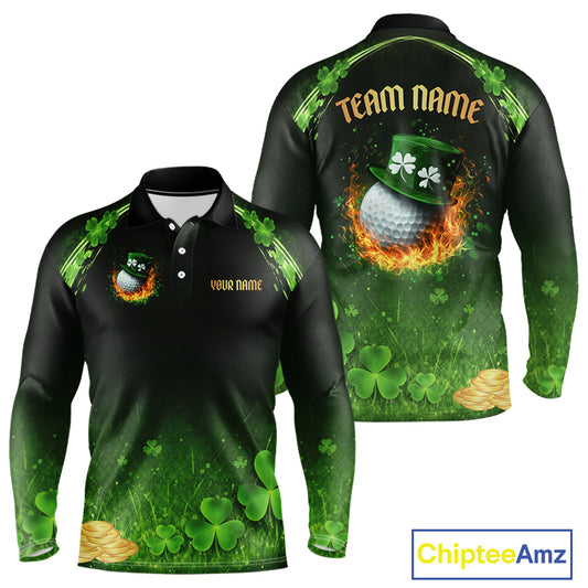 Flame golf ball green shamrock St Patrick's Day Men Golf Polo Shirts Custom lucky golf attire for men NQS11413